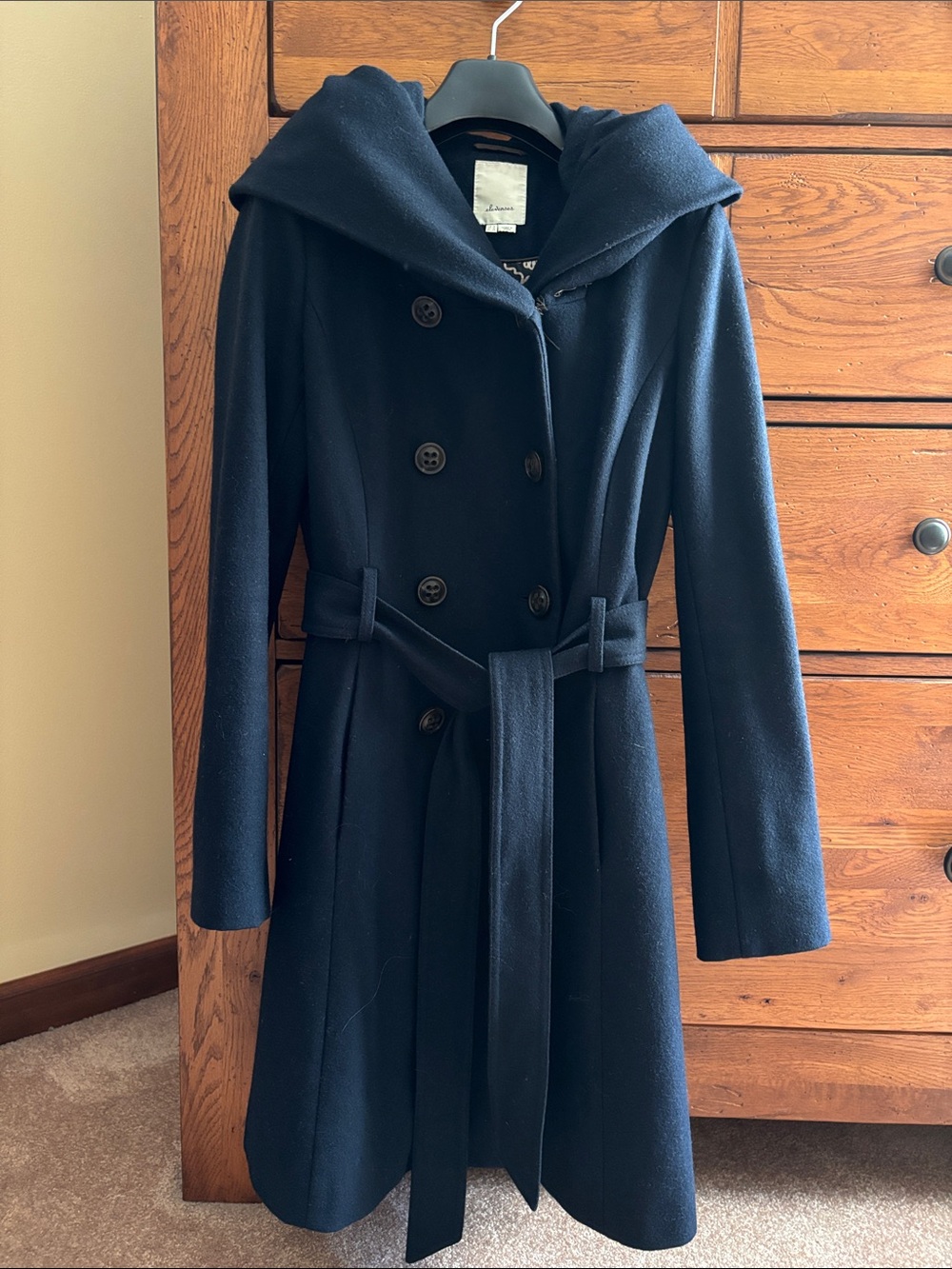 Anthropologie Elevenes Navy Hooded Double-Breasted Belted Trench
